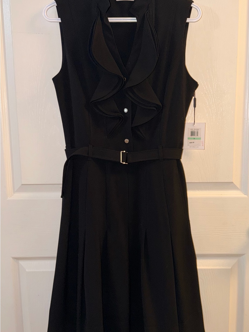 NWT Calvin Klein Black Ruffle Front Belted Fit & Flare Dress Size 8 $99